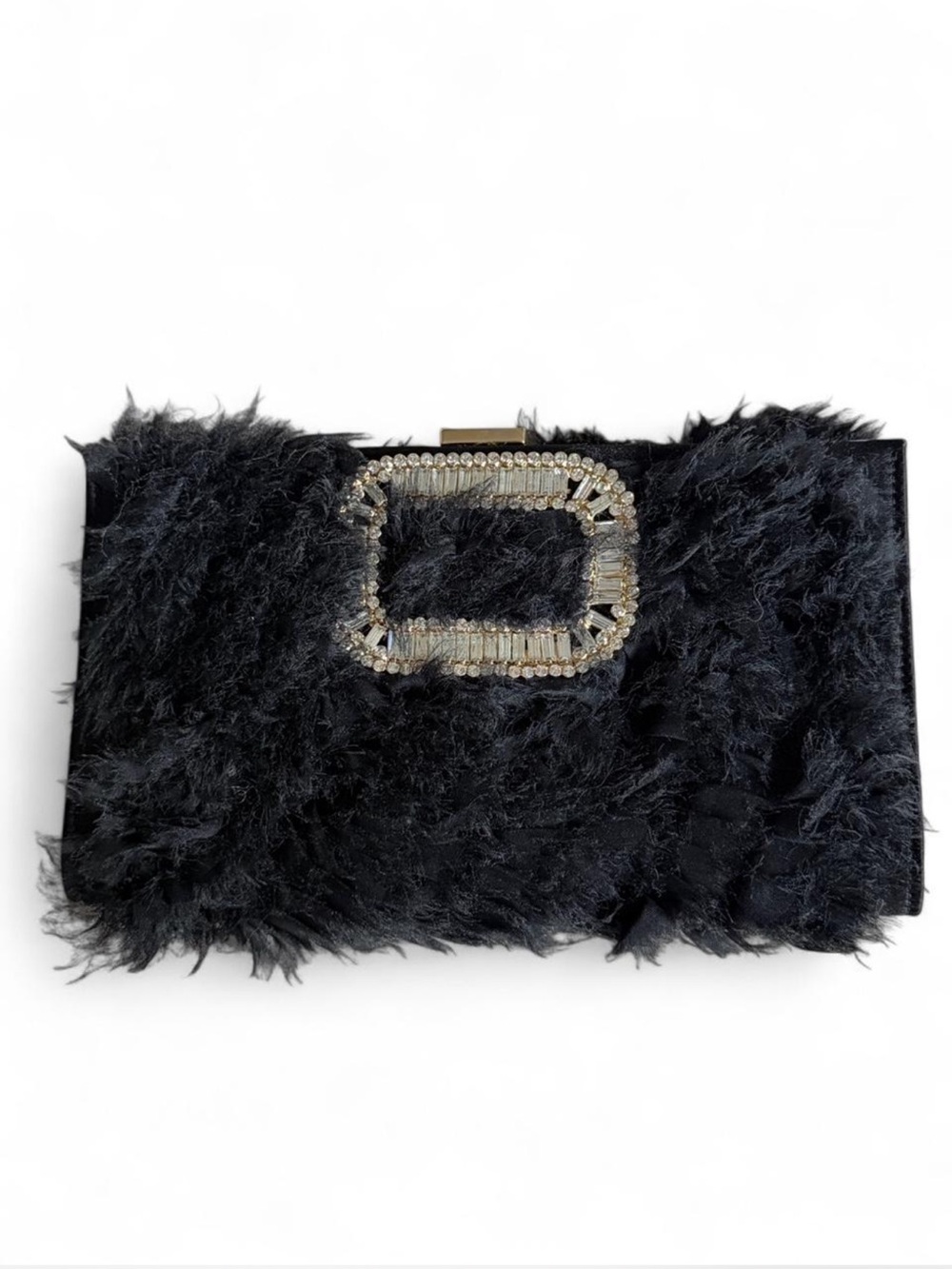 Authentic Roger Vivier Crystal Buckle Feather Clutch Black